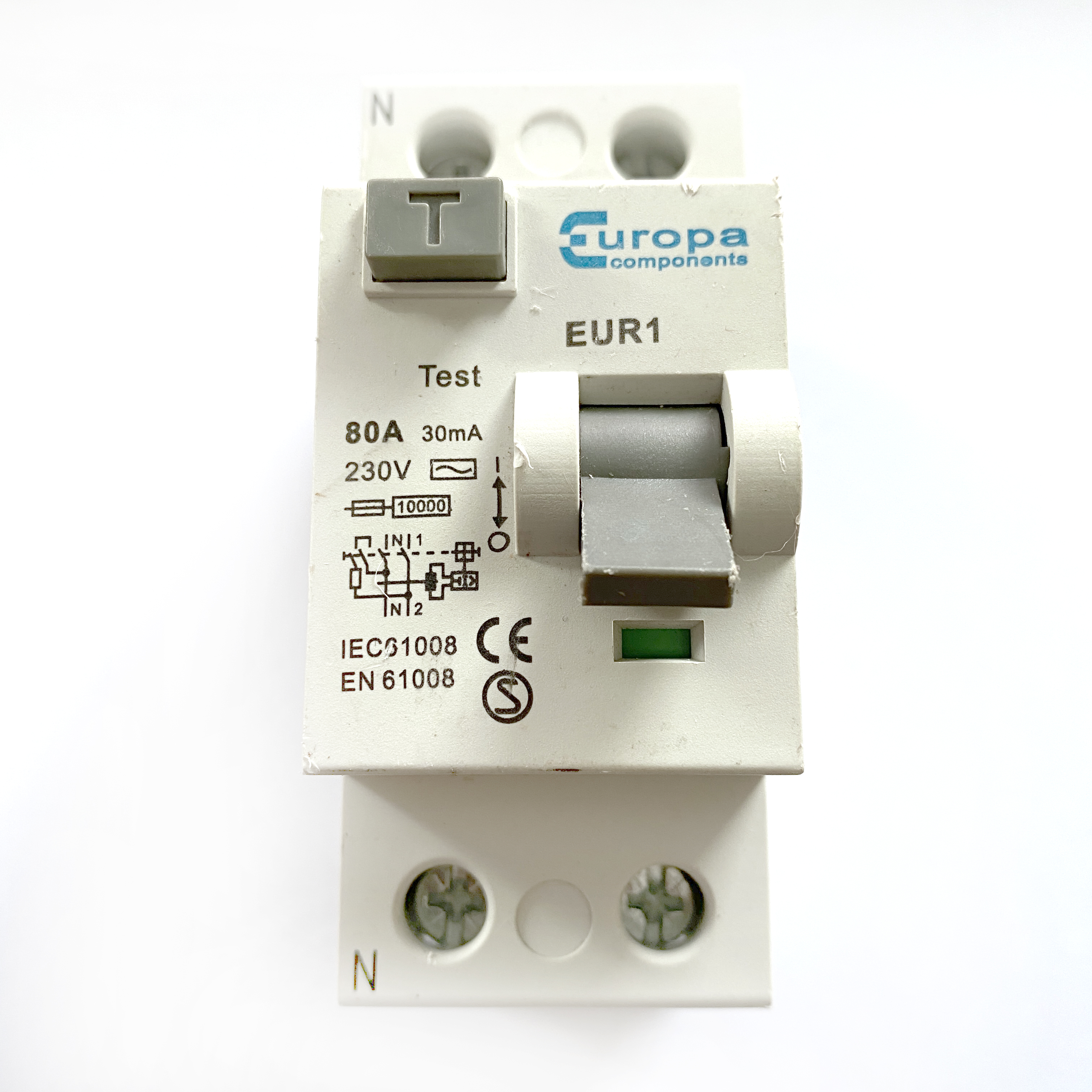 Europa Components EUR1 Square Button 80A 80 Amp 30mA RCD 2 Double Pole Circuit Breaker